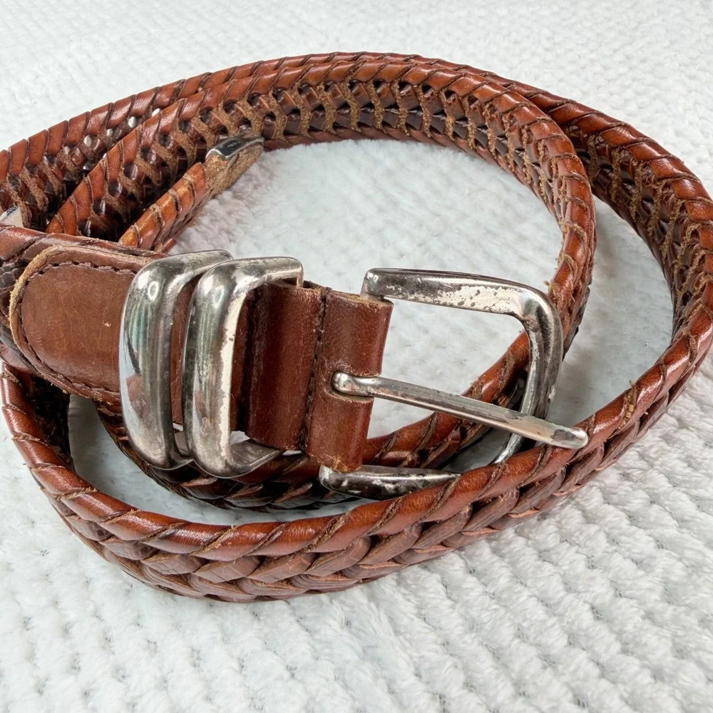 Fossil Braided Leather Belt Brown Woven Silver Buckle Tip MB2265C0G Size 38
